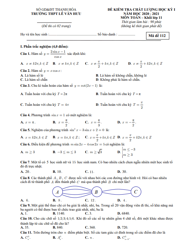 Đề thi HK1 Toán 11 năm 2020 2021 trường THPT Lê Văn Hưu Thanh Hóa
