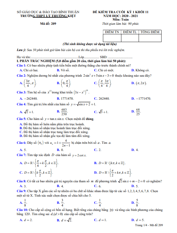 Đề thi HK1 Toán 11 năm 2020 2021 trường THPT Lý Thường Kiệt Bình Thuận