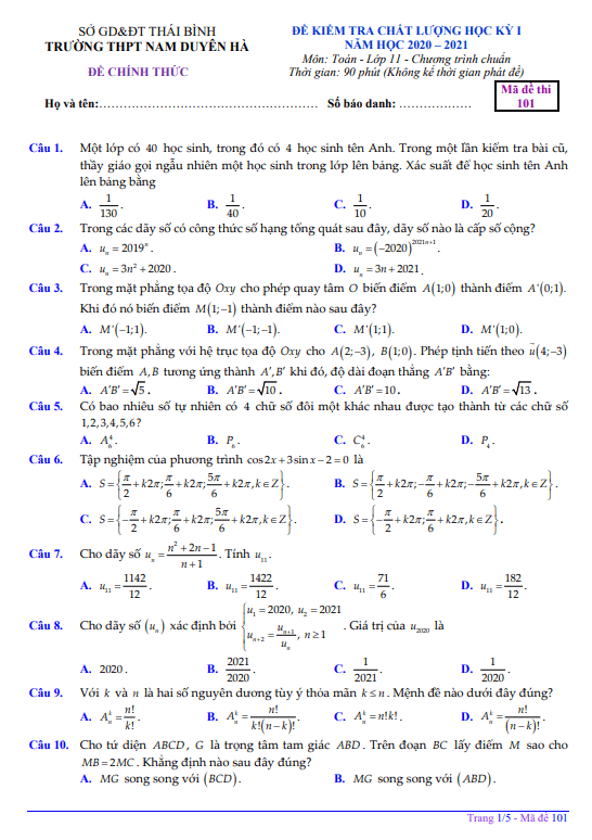 Đề thi HK1 Toán 11 năm 2020 2021 trường THPT Nam Duyên Hà Thái Bình