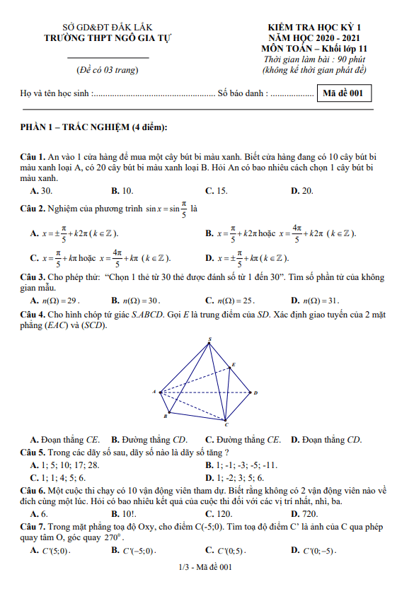 Đề thi HK1 Toán 11 năm 2020 2021 trường THPT Ngô Gia Tự Đắk Lắk