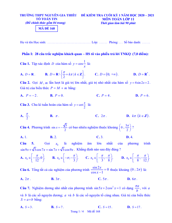 Đề thi HK1 Toán 11 năm 2020 2021 trường THPT Nguyễn Gia Thiều Hà Nội