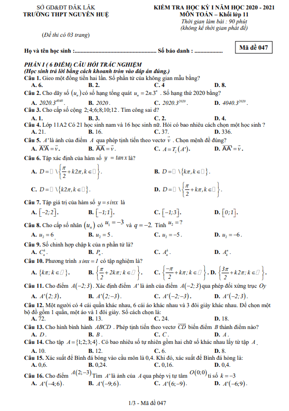 Đề thi HK1 Toán 11 năm 2020 2021 trường THPT Nguyễn Huệ Đắk Lắk