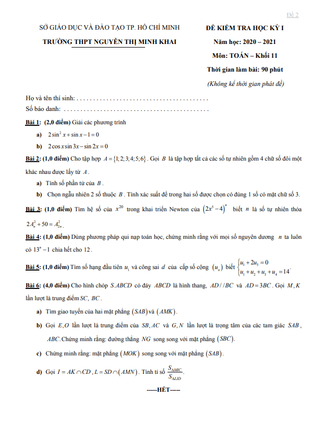Đề thi HK1 Toán 11 năm 2020 2021 trường THPT Nguyễn Thị Minh Khai TP HCM