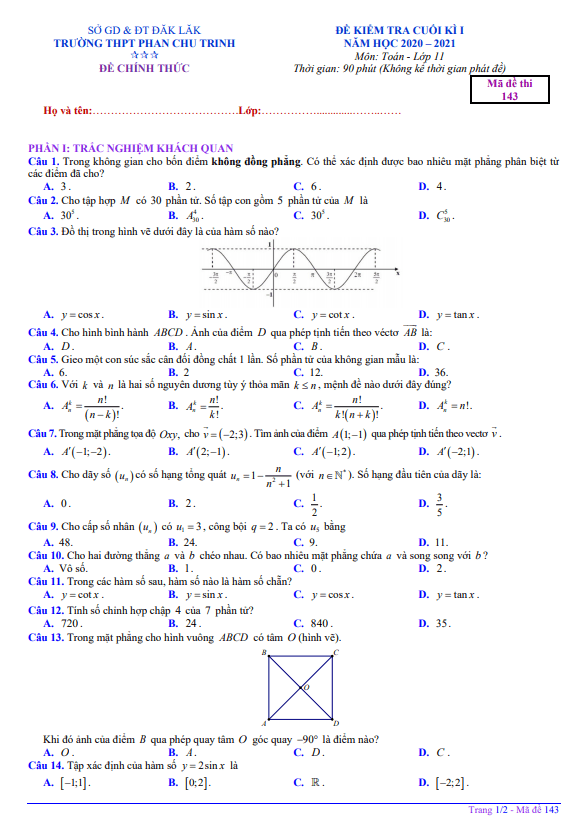 Đề thi HK1 Toán 11 năm 2020 2021 trường THPT Phan Chu Trinh Đắk Lắk