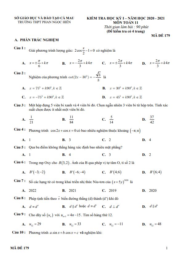 Đề thi HK1 Toán 11 năm 2020 2021 trường THPT Phan Ngọc Hiển Cà Mau