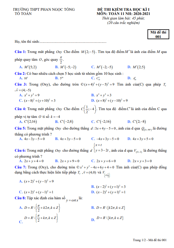 Đề thi HK1 Toán 11 năm 2020 2021 trường THPT Phan Ngọc Tòng Bến Tre