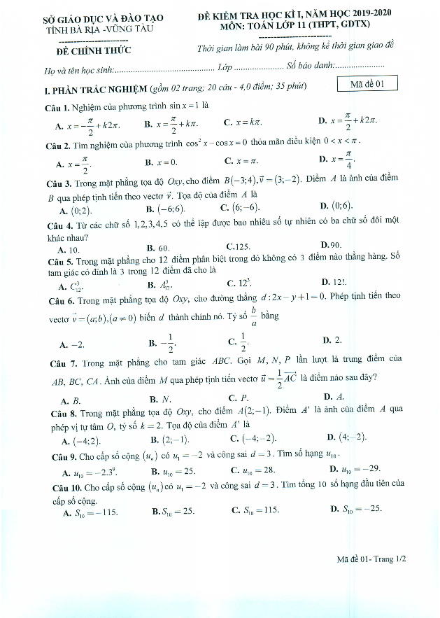 Đề thi HK1 Toán 11 năm học 2019 2020 sở GD&ĐT Bà Rịa Vũng Tàu