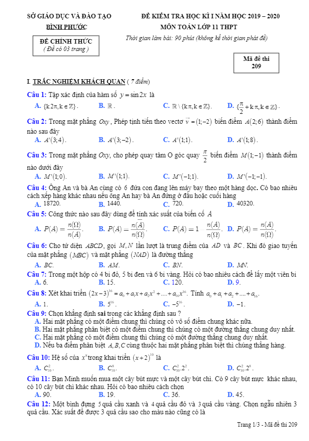 Đề thi HK1 Toán 11 năm học 2019 2020 sở GD&ĐT Bình Phước
