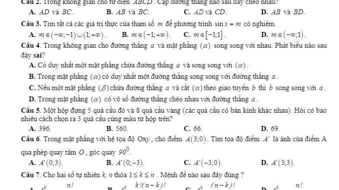 Đề thi HK1 Toán 11 năm học 2019 2020 sở GD&ĐT Quảng Nam