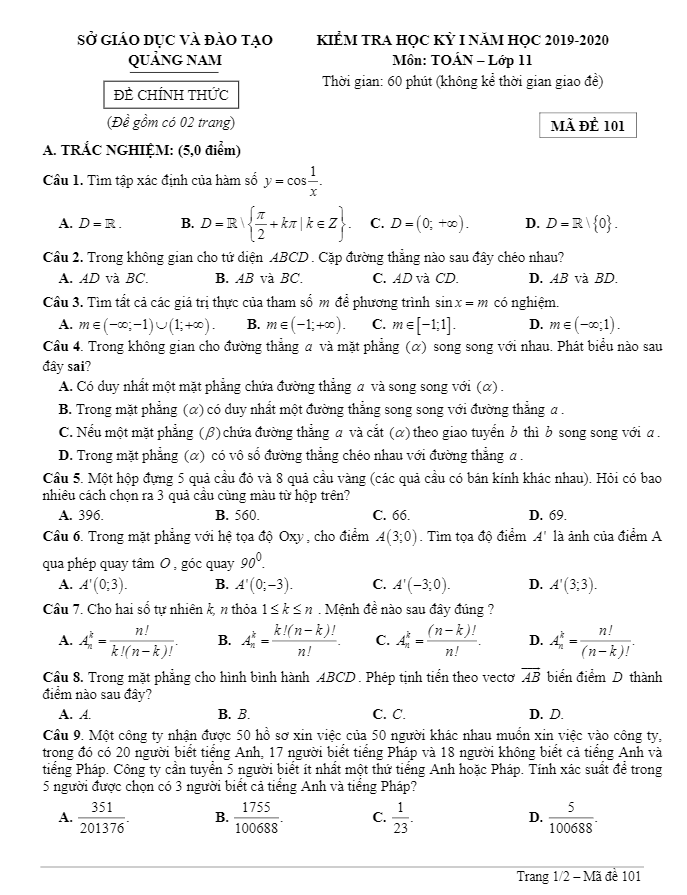 Đề thi HK1 Toán 11 năm học 2019 2020 sở GD&ĐT Quảng Nam