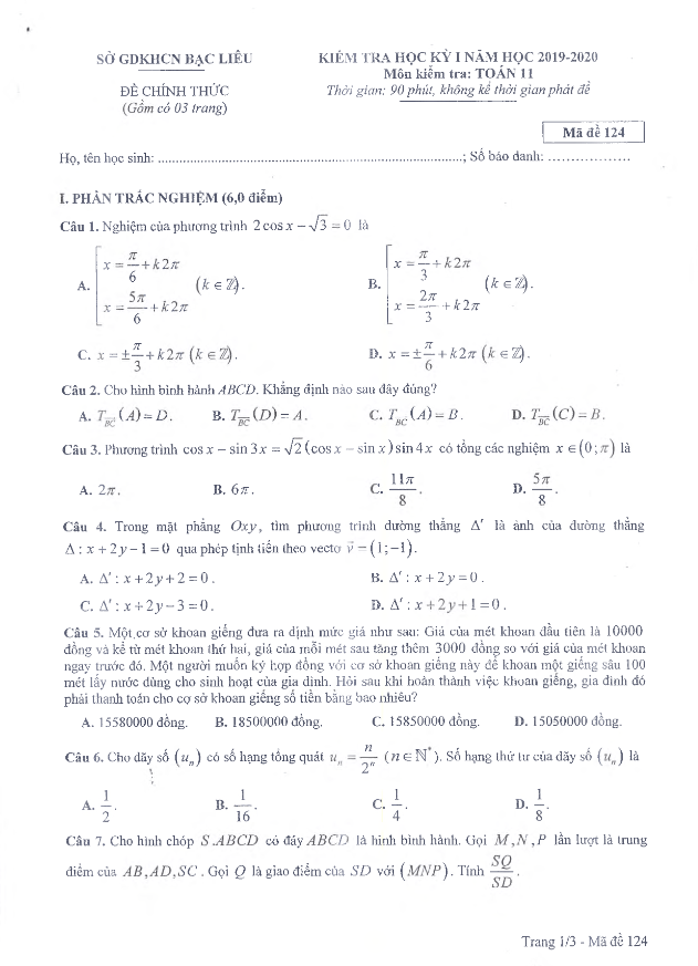 Đề thi HK1 Toán 11 năm học 2019 2020 sở GDKHCN Bạc Liêu