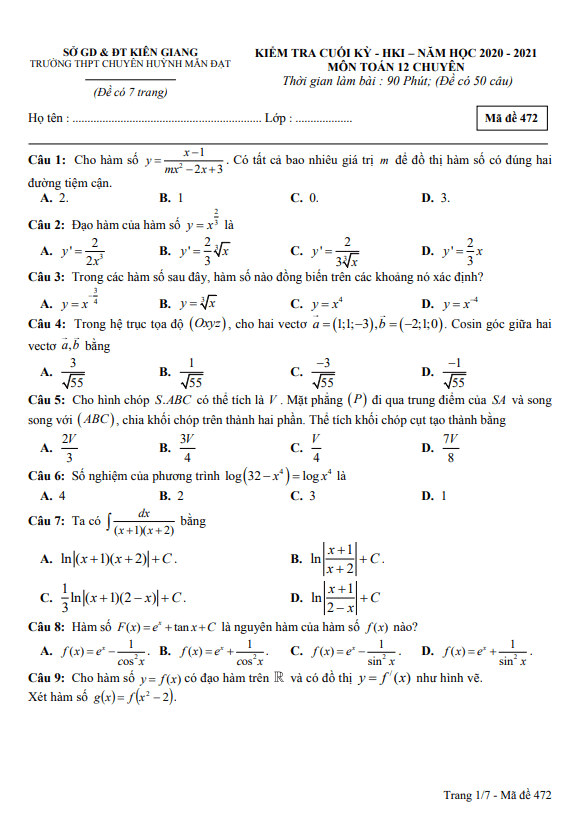 Đề thi HK1 Toán 12 chuyên năm 2020 2021 trường chuyên Huỳnh Mẫn Đạt Kiên Giang
