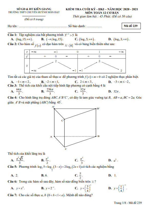 Đề thi HK1 Toán 12 cơ bản năm 2020 2021 trường chuyên Huỳnh Mẫn Đạt Kiên Giang