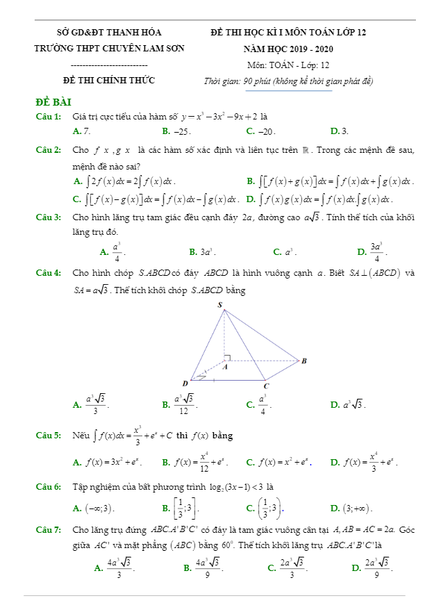 Đề thi HK1 Toán 12 năm 2019 2020 trường chuyên Lam Sơn Thanh Hóa