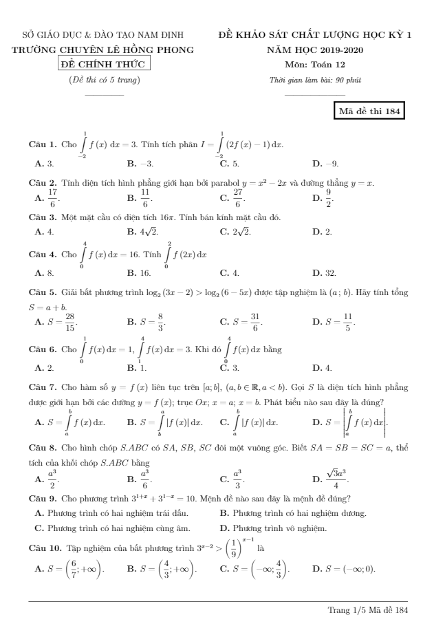 Đề thi HK1 Toán 12 năm 2019 2020 trường chuyên Lê Hồng Phong Nam Định