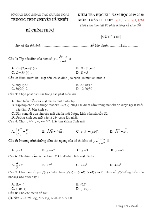 Đề thi HK1 Toán 12 năm 2019 2020 trường chuyên Lê Khiết Quảng Ngãi