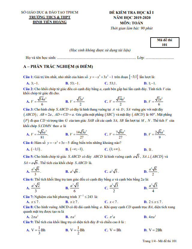 Đề thi HK1 Toán 12 năm 2019 2020 trường Đinh Tiên Hoàng TP HCM