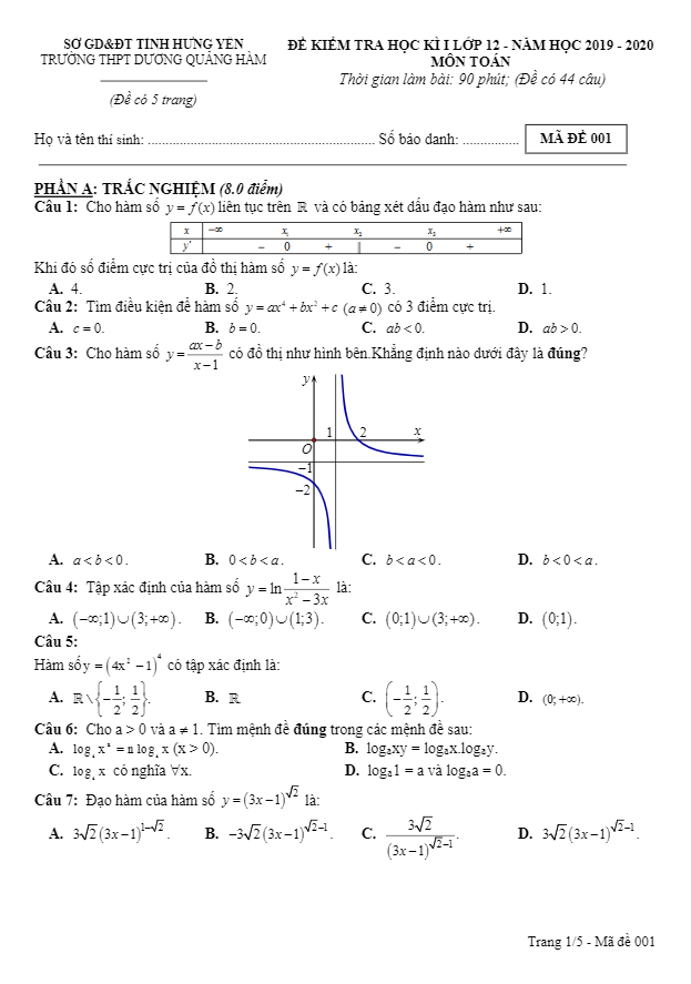 Đề thi HK1 Toán 12 năm 2019 2020 trường Dương Quảng Hàm Hưng Yên