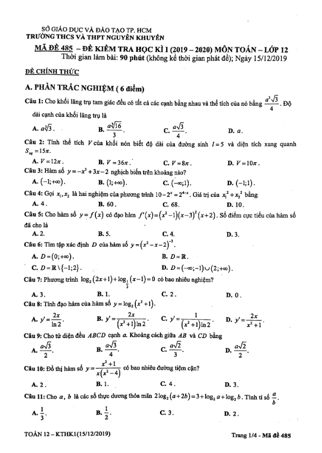 Đề thi HK1 Toán 12 năm 2019 2020 trường Nguyễn Khuyến TP HCM