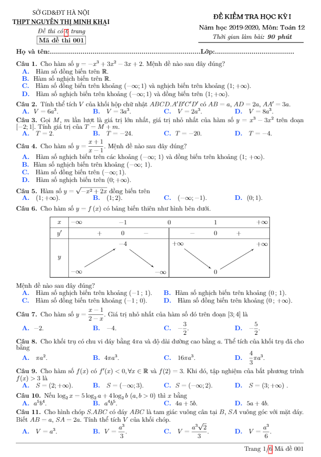 Đề thi HK1 Toán 12 năm 2019 2020 trường Nguyễn Thị Minh Khai Hà Nội