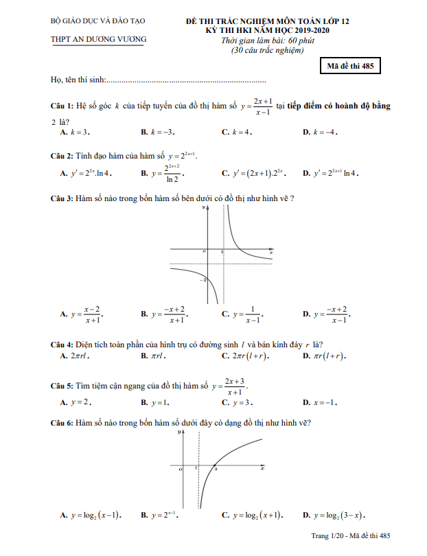 Đề thi HK1 Toán 12 năm 2019 2020 trường THPT An Dương Vương TP HCM