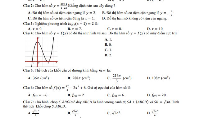 Đề thi HK1 Toán 12 năm 2019 2020 trường THPT Dương Văn Dương TP HCM