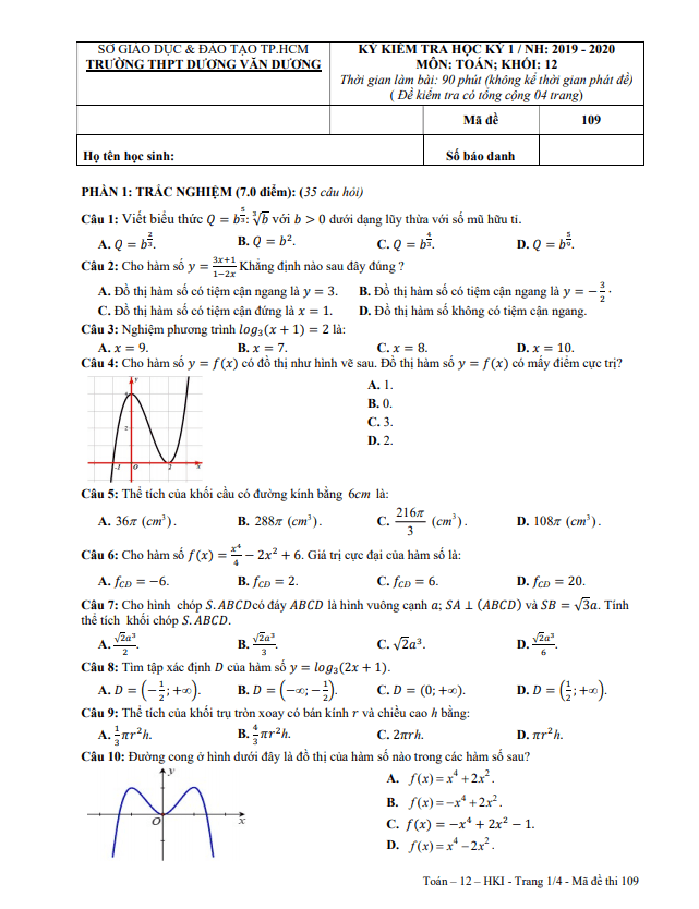 Đề thi HK1 Toán 12 năm 2019 2020 trường THPT Dương Văn Dương TP HCM