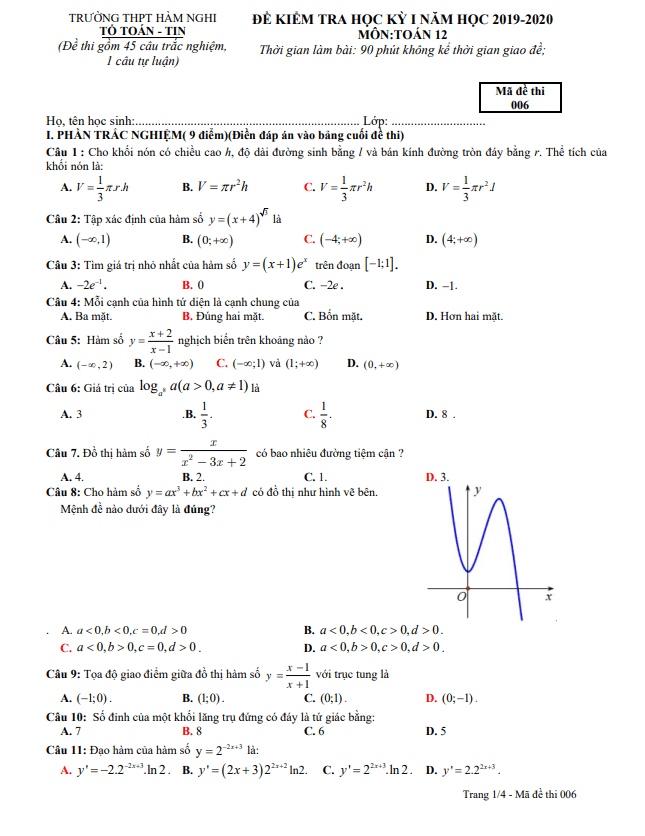 Đề thi HK1 Toán 12 năm 2019 2020 trường THPT Hàm Nghi Hà Tĩnh
