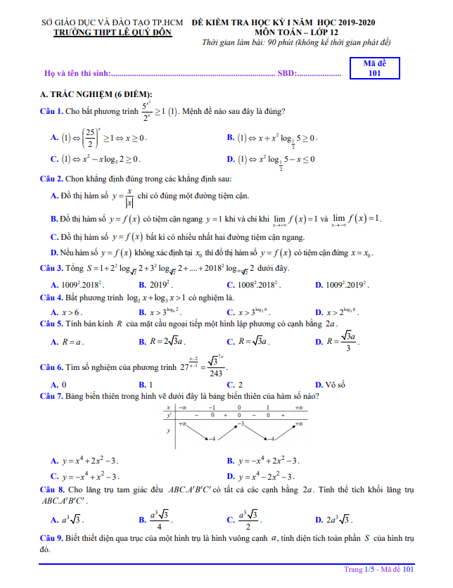 Đề thi HK1 Toán 12 năm 2019 2020 trường THPT Lê Quý Đôn TP HCM
