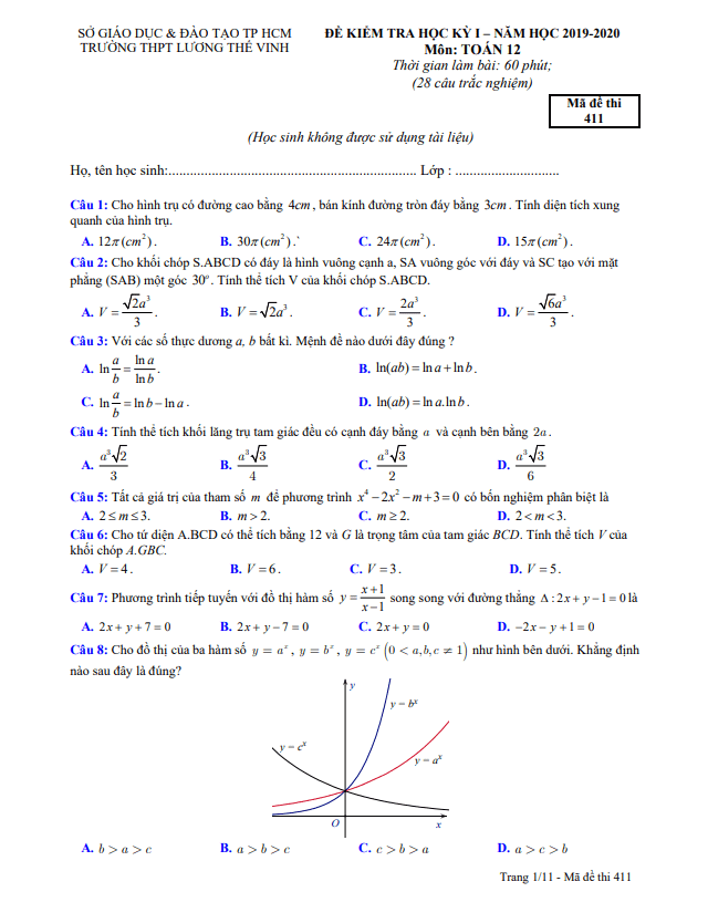Đề thi HK1 Toán 12 năm 2019 2020 trường THPT Lương Thế Vinh TP HCM