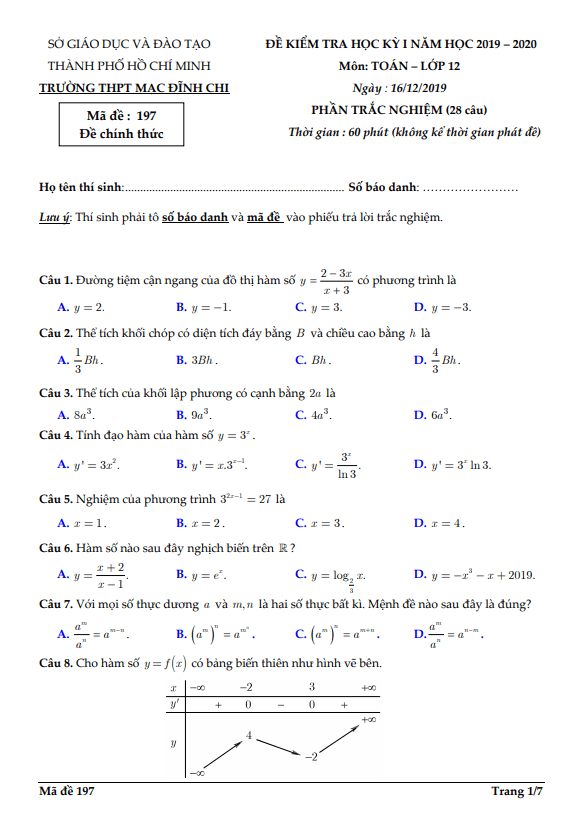 Đề thi HK1 Toán 12 năm 2019 2020 trường THPT Mạc Đĩnh Chi TP HCM