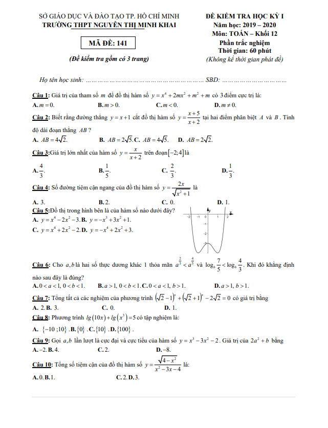 Đề thi HK1 Toán 12 năm 2019 2020 trường THPT Nguyễn Thị Minh Khai TP HCM