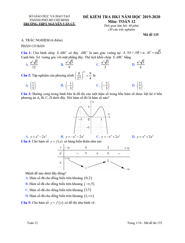 Đề thi HK1 Toán 12 năm 2019 2020 trường THPT Nguyễn Văn Cừ TP HCM