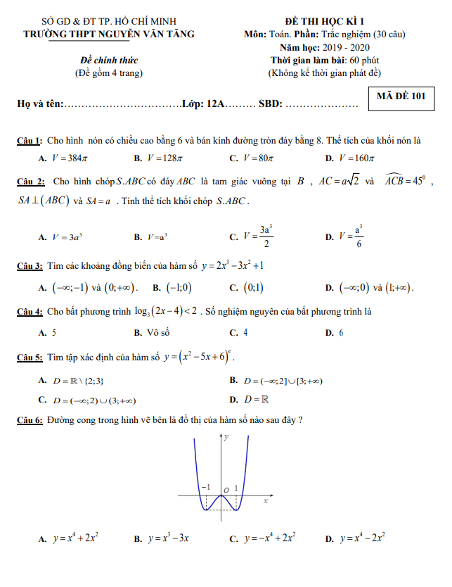 Đề thi HK1 Toán 12 năm 2019 2020 trường THPT Nguyễn Văn Tăng TP HCM