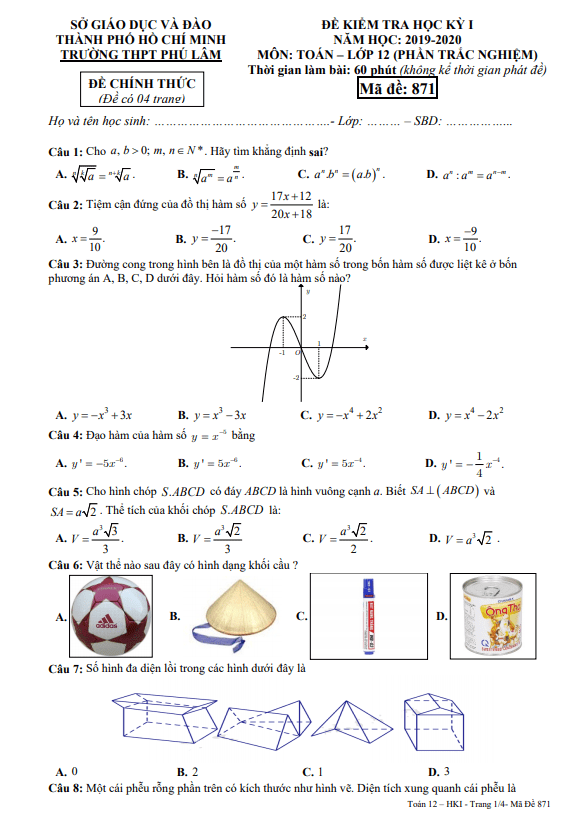 Đề thi HK1 Toán 12 năm 2019 2020 trường THPT Phú Lâm TP HCM