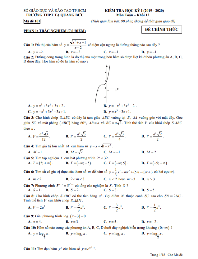 Đề thi HK1 Toán 12 năm 2019 2020 trường THPT Tạ Quang Bửu TP HCM