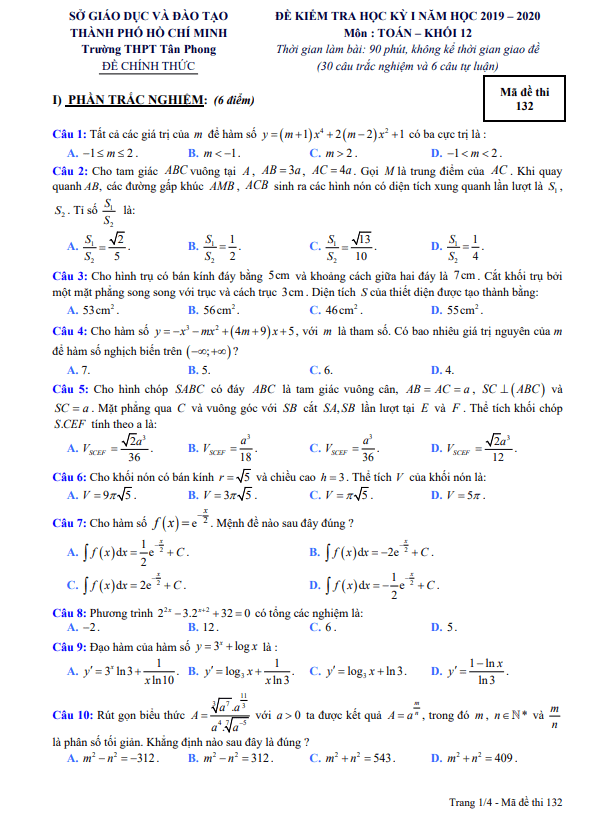 Đề thi HK1 Toán 12 năm 2019 2020 trường THPT Tân Phong TP HCM