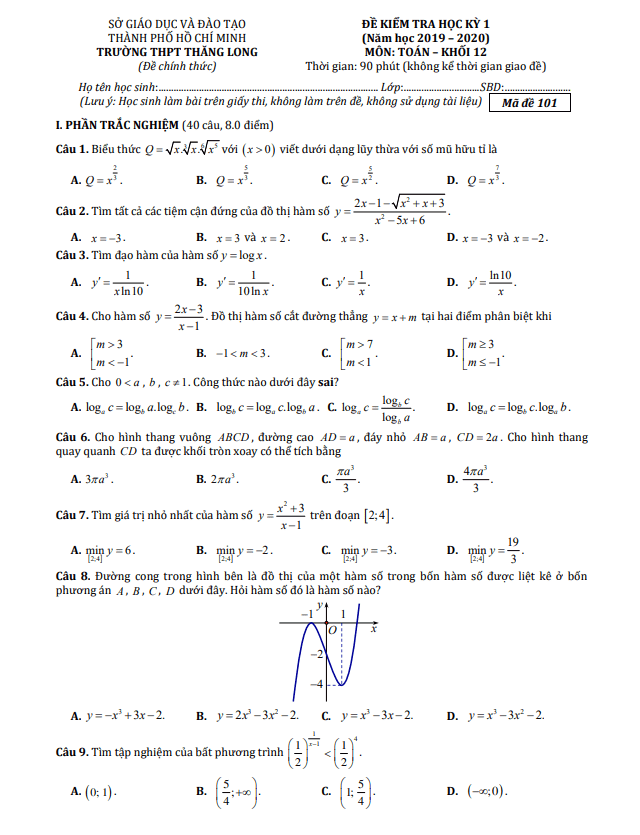Đề thi HK1 Toán 12 năm 2019 2020 trường THPT Thăng Long TP HCM
