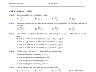 Đề thi HK1 Toán 12 năm 2019 2020 trường THPT Thủ Khoa Huân TP HCM