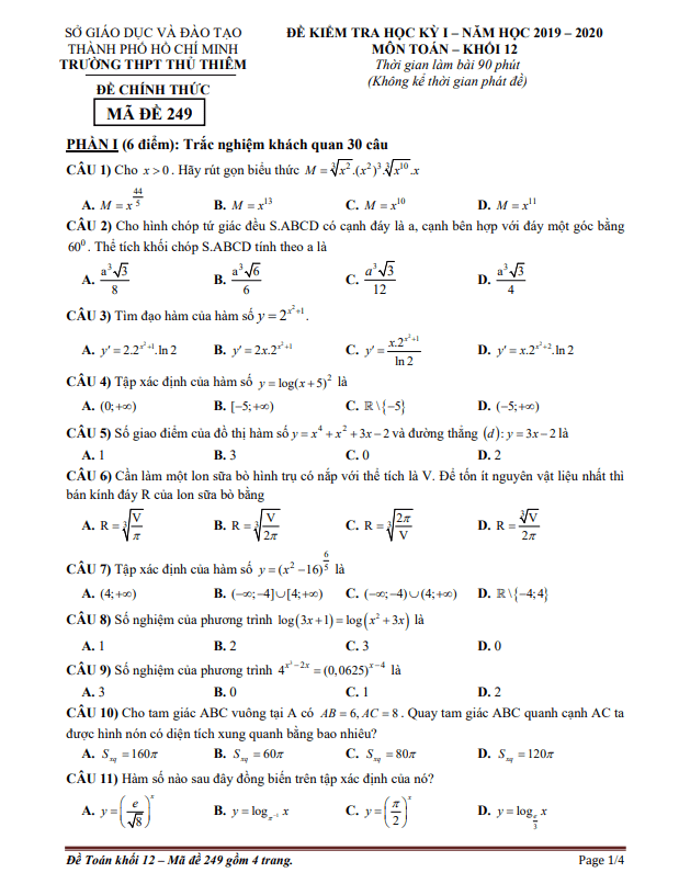 Đề thi HK1 Toán 12 năm 2019 2020 trường THPT Thủ Thiêm TP HCM