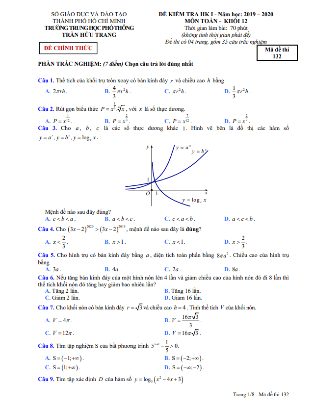 Đề thi HK1 Toán 12 năm 2019 2020 trường THPT Trần Hữu Trang TP HCM