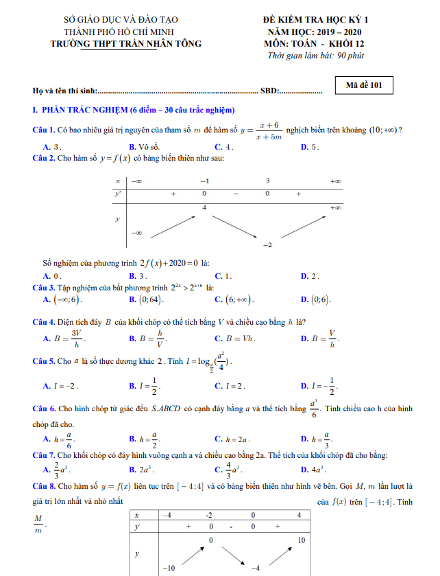 Đề thi HK1 Toán 12 năm 2019 2020 trường THPT Trần Nhân Tông TP HCM