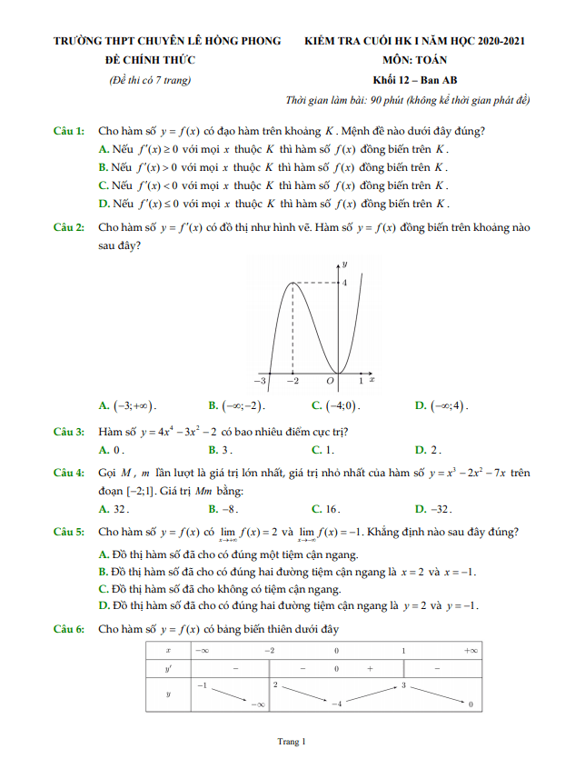 Đề thi HK1 Toán 12 năm 2020 2021 trường chuyên Lê Hồng Phong TP HCM