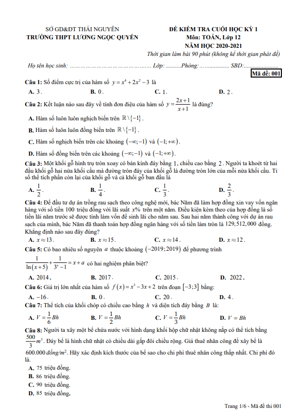 Đề thi HK1 Toán 12 năm 2020 2021 trường Lương Ngọc Quyến Thái Nguyên