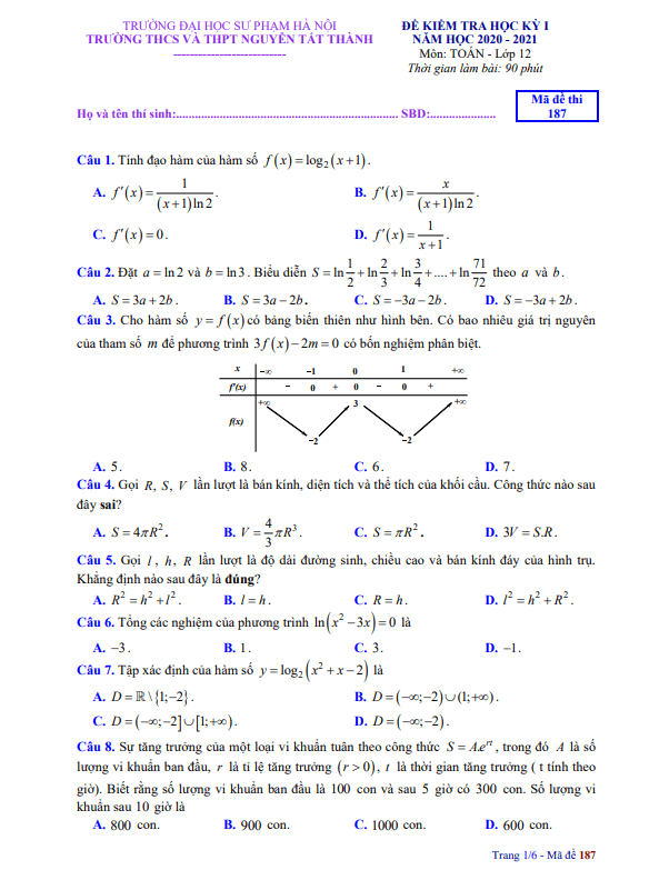 Đề thi HK1 Toán 12 năm 2020 2021 trường Nguyễn Tất Thành Hà Nội