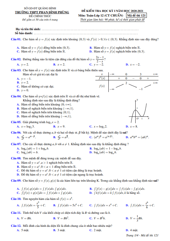 Đề thi HK1 Toán 12 năm 2020 2021 trường Phan Đình Phùng Quảng Bình
