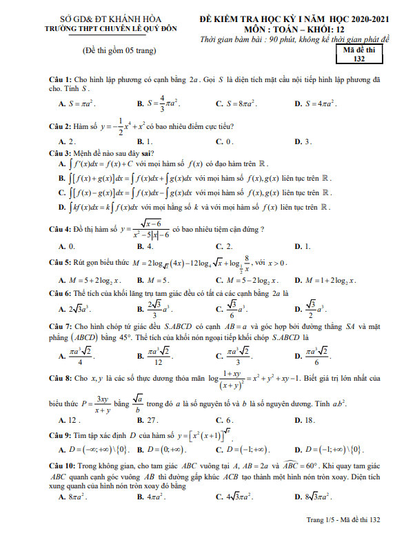 Đề thi HK1 Toán 12 năm 2020 2021 trường THPT chuyên Lê Quý Đôn Khánh Hòa