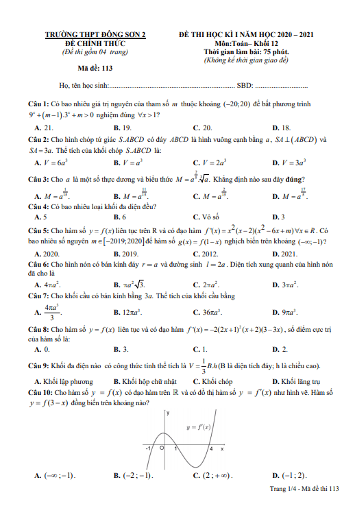 Đề thi HK1 Toán 12 năm 2020 2021 trường THPT Đông Sơn 2 Thanh Hóa