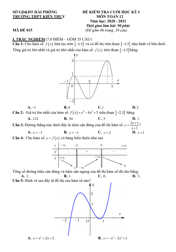 Đề thi HK1 Toán 12 năm 2020 2021 trường THPT Kiến Thụy Hải Phòng