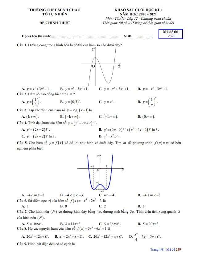 Đề thi HK1 Toán 12 năm 2020 2021 trường THPT Minh Châu Hưng Yên